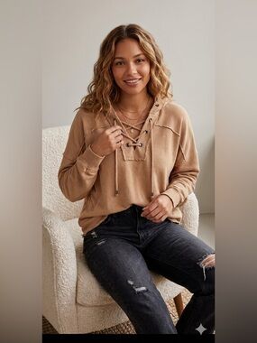 Aerie Women’s Peach Oversized Laced Up Long Sleeve Hoodie 100% Cotton Size Small